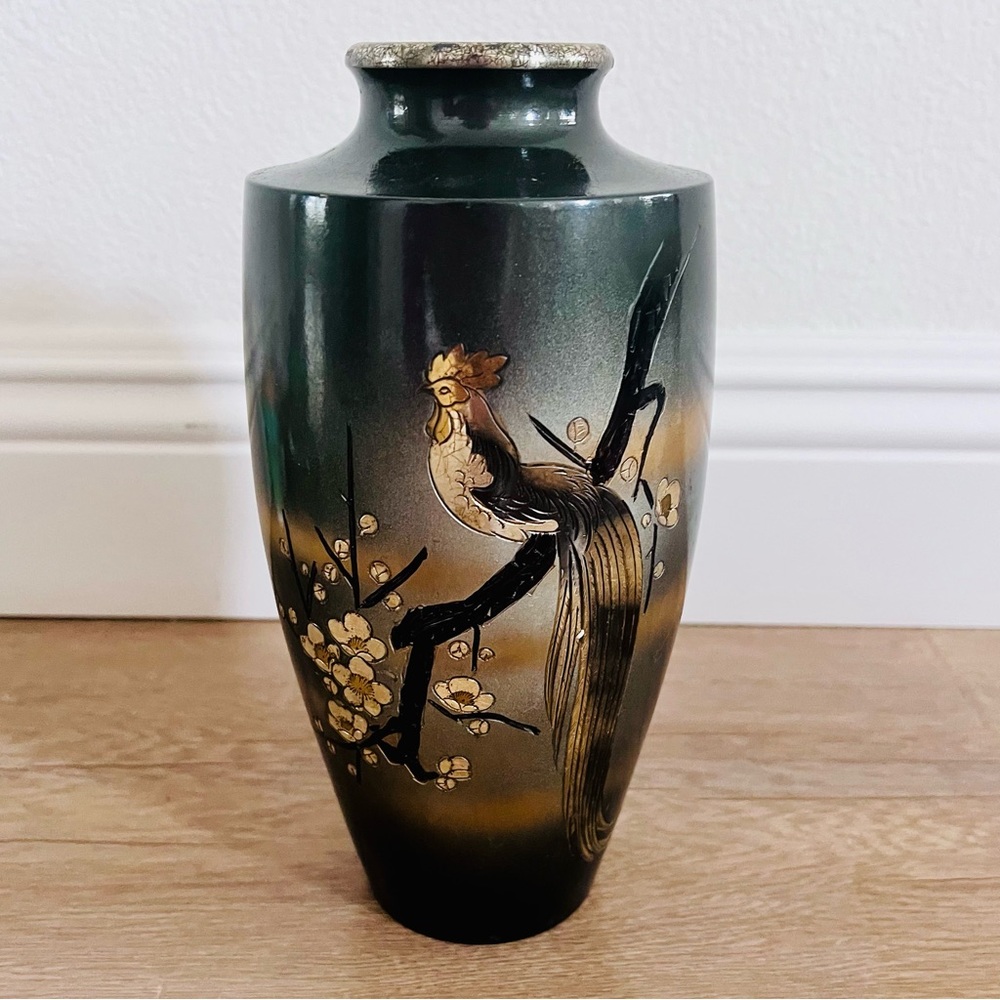 Japanese Etched Bronze Copper Pheasant On Cherry Blossoms Signed 9.5” -‎ Vintage